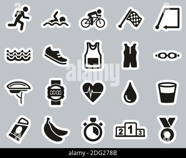 Jeu d'autocollants noir et blanc Triathlon Race & Equipment Icons Grande Illustration de Vecteur