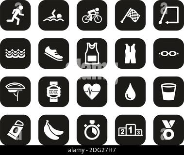 Triathlon Race & Equipment Icons White on Black Flat Design Définir grand Illustration de Vecteur