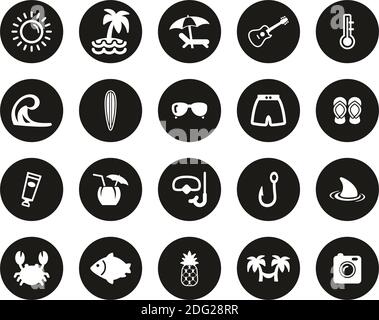 Tropical Lifestyle Icons White sur Black Flat Design Circle Set Grande Illustration de Vecteur