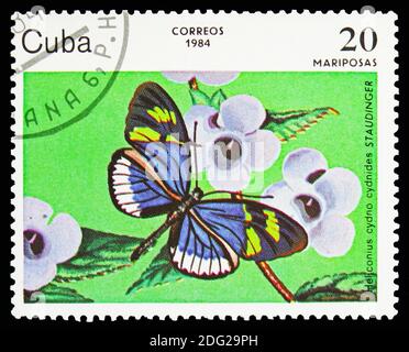 MOSCOU, RUSSIE - 21 OCTOBRE 2018 : un timbre imprimé à Cuba montre Cydno Longwing (Heliconius cydno ssp. Cydnides), série de papillons, vers 1984 Banque D'Images