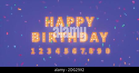 Modèle « Happy Birthday » avec texte en or et confettis colorés. carte de vœux de joyeux anniversaire à ampoule 3d Illustration de Vecteur