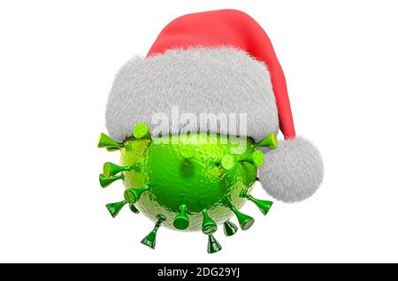 Coronavirus avec chapeau de Noël, rendu 3D isolé sur fond blanc Banque D'Images