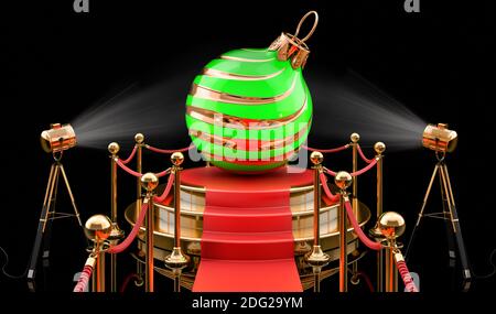 Boule de Noël sur le podium, rendu 3D isolé sur fond noir Banque D'Images