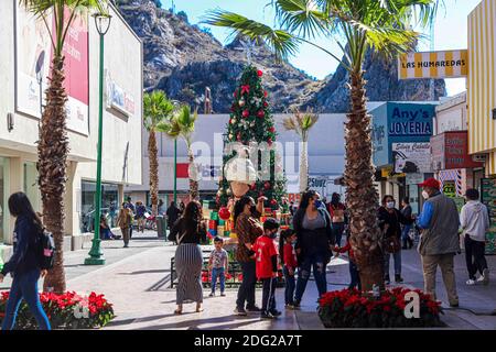 Les enfants et les adultes prennent des photos du nouvel arbre de Noël, de la bonne nuit et de la figure de la danseuse Yaqui, danseuse du cerf dans la passerelle du centre de Hermosillo, Mexique décembre 2020. © (photo de Luis Gutierrez / Norte photo) Niños y adultos se toman fotos el nuevo arbol de la Navidad, noche buenas y la figura del danzante yaqui , danza del venado en el andador del centro de Hermosillo, Mexique diciembre 2020. © (photo par Luis Gutierrez/Norte photo) Banque D'Images