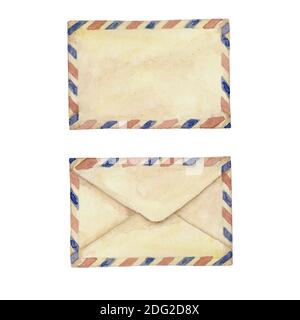 Aquarelle ancienne poste postale isolée sur fond blanc dans le style vintage avec des enveloppes vides de poteau dessinées à la main. Illustration aquarelle dessinée à la main Banque D'Images