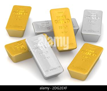 Les barres Gold et Silver standard les plus élevées. Beaucoup de lingots d'or fin 999.9 et d'argent fin sur une surface blanche. Illustration 3D Banque D'Images