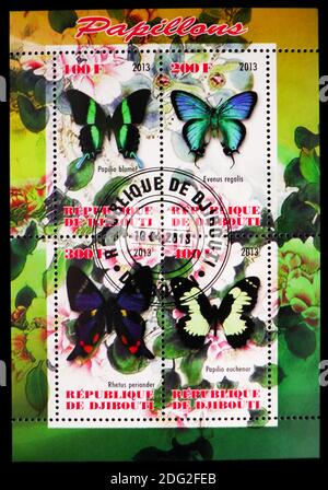 MOSCOU, RUSSIE - 21 OCTOBRE 2018 : quatre timbres-poste imprimés à Djibouti à partir de la série Butterflies, vers 2013 Banque D'Images