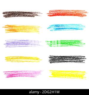 Ensemble de traits de crayon de différentes couleurs isolés sur fond blanc. Illustration raster dessinée à la main Banque D'Images