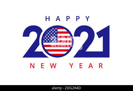 2021 bonne année USA bannière patriotique avec chiffres et drapeau en zéro. Illustration vectorielle US chiffres avec typographie de vacances pour carte de vœux Illustration de Vecteur