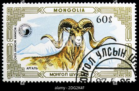 MOSCOU, RUSSIE - 10 NOVEMBRE 2018 : un timbre imprimé en Mongolie montre Argali (Ovis ammon), série de moutons de montagne (Ovis ammon), vers 1987 Banque D'Images