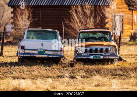 Old Jeep Wagoneers assis dans les mauvaises herbes sur un Colorado ranch Banque D'Images