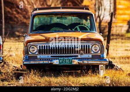 Jeep Wagoneer vieux assis dans les mauvaises herbes sur un ranch du Colorado Banque D'Images