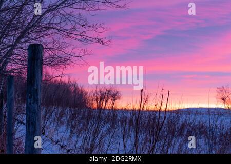 coucher de soleil coloré sur le champ de prairie en hiver Banque D'Images