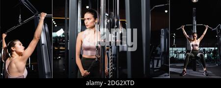 collage de la sportswoman en colère regardant loin tout en formant triceps, et de l'exercice sur la machine de lat dans la salle de gym, bannière Banque D'Images