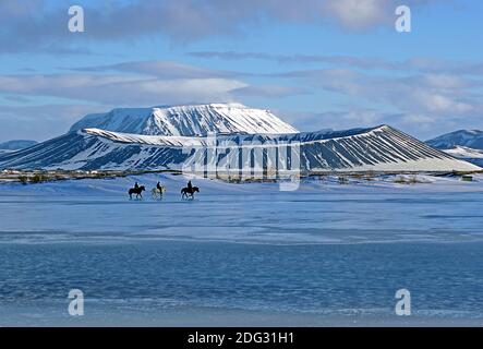 Les cavaliers sur le lac Myvatn Banque D'Images