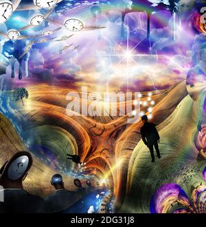 Des horloges à ailes volantes dans le fantasme. Rendu 3D Banque D'Images