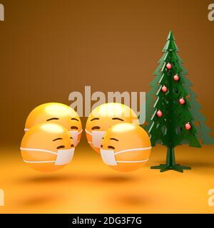 Une famille de quatre visages emoji avec un masque de visage devant un arbre de noël. Noël en temps de corona concept Banque D'Images