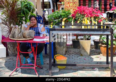 Vendeur femelle devant un temple, Chiang Mai, Thaïlande Banque D'Images
