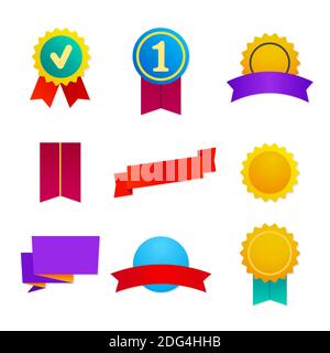 Ensemble de contrôle qualité d'icônes vectorielles de conception plate colorée badges et médailles avec rubans de récompenses isolés sur fond blanc Illustration de Vecteur