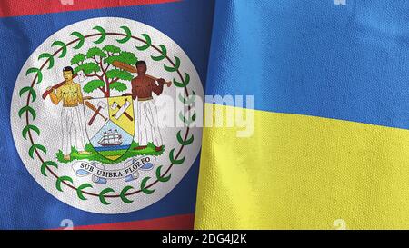 Ukraine et Belize deux drapeaux textile tissu rendu 3D Banque D'Images