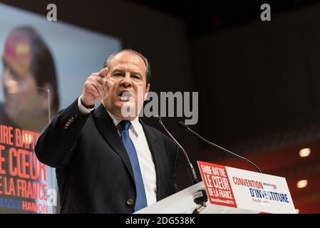 Jean-Christophe Cambadelis, Premier Secrétaire du Parti socialiste, lors de l'inauguration de Benoit Hamon à l'élection présidentielle française de 2017 à la Convention nationale du Parti socialiste (PS) à la Maison de la Mutualité à Paris, France, le 5 février 2017. Photo de Samuel Boivin / ABACAPRESS.COM Banque D'Images