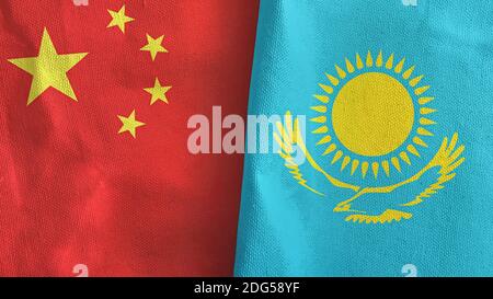 Kazakhstan et Chine deux drapeaux textile tissu rendu 3D Banque D'Images