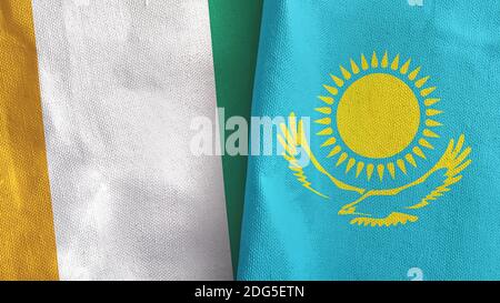 Kazakhstan et Côte d'Ivoire Côte d'Ivoire deux drapeaux tissu textile Rendu 3D Banque D'Images