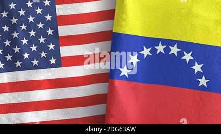 Venezuela et États-Unis deux drapeaux textile tissu rendu 3D Banque D'Images