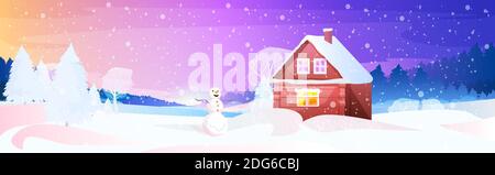 bonhomme de neige près de la maison couverte de neige dans la nuit d'hiver village nouveau année noël fête concept carte de voeux paysage fond horizontal illustration vectorielle Illustration de Vecteur