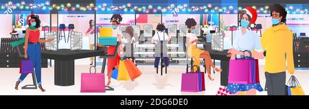 mélangez les gens de course dans des masques de marche avec des sacs de shopping nouveau année vacances de noël vente concept magasin de beauté intérieur horizontal vecteur illustration Illustration de Vecteur