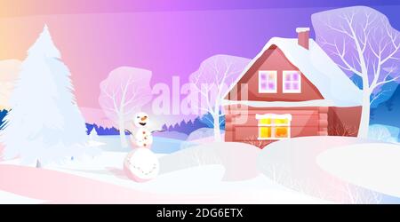 bonhomme de neige près de la maison couverte de neige dans la nuit d'hiver village nouveau année noël fête concept carte de voeux paysage fond horizontal illustration vectorielle Illustration de Vecteur