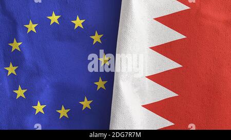 Bahreïn et l'Union européenne deux drapeaux textile tissu rendu 3D Banque D'Images