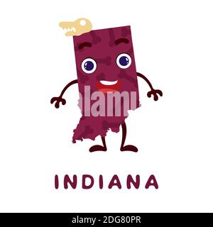 Mignon dessin animé État de l'Indiana personnage clipart. Carte illustrée de l'État de l'Indiana des États-Unis avec le nom de l'État. Motif drôle de personnage pour jeu d'enfants, sticke Illustration de Vecteur