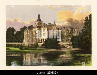 Adare Manor, Comté de Limerick, Irlande. Ancienne abbaye et château redessinés dans le style Tudor en 1850 par l'architecte Philip Charles Hardwick pour William Henry, comte de Dunraven. Bloc de bois coloré par Benjamin Fawcett dans le processus Baxter d’une illustration par Alexander Francis Lydon du révérend Francis Orpen Morris A Series of pittoresque Views of the seats of Nobleen and Gentlemen of Great Britain and Ireland, William Mackenzie, Londres, 1870. Banque D'Images