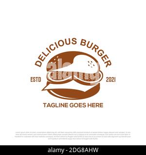 Motif délicieux Burger logo vecteur, illustration vintage de fast food logo vecteur Premium Illustration de Vecteur