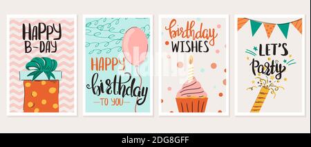 Un jeu de quatre modèles de cartes d'anniversaire Illustration de Vecteur