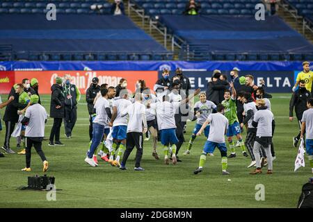 Les sirènes de Seattle réagissent à la progression de la coupe Audi MLS après les finales de la conférence MLS Western contre le Minnesota United à Lumen Field, Monda Banque D'Images