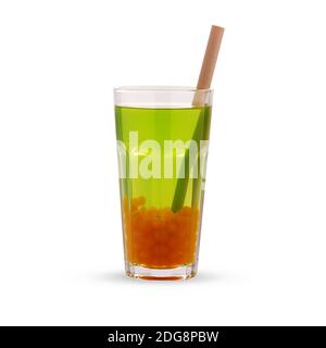 Thé à bulles vertes avec perles de tapioca orange dans un bécher en verre, isolé sur fond blanc. Banque D'Images