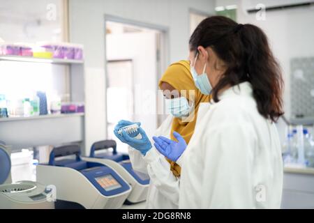 Femmes scientifiques dans des masques faciaux avec porte-échantillons en laboratoire Banque D'Images