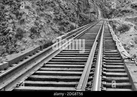 Une photo en niveaux de gris des anciennes rails de train o Banque D'Images