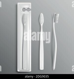 Maquette d'emballage de brosse à dents, produits stomatologiques d'hygiène dentaire et dentaire, produits de toilette d'emballage blanc, brosse à dents isolée sur fond gris. Illustration vectorielle 3d réaliste, maquette Illustration de Vecteur