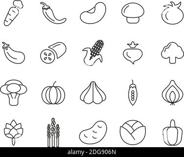 Ensemble de lignes fines noir et blanc d'icônes de légumes grand Illustration de Vecteur