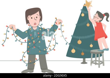 Illustration de style rétro d'un garçon qui s'est emmêlé dans les lumières de Noël, quand il décorait l'arbre de Noël avec sa sœur Illustration de Vecteur