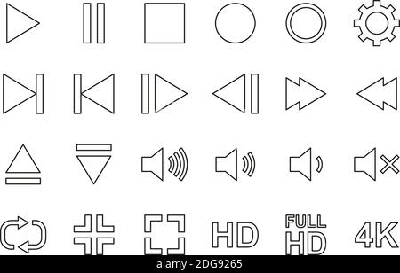 Icônes des boutons vidéo, audio et appareil photo Noir et blanc Jeu de lignes fines grandes Illustration de Vecteur