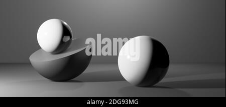 Sphères rondes abstraites, globes ou balles dans un intérieur de studio numérique réaliste, illustration de rendu cgi, rendu de fond d'écran, noir, blanc Banque D'Images