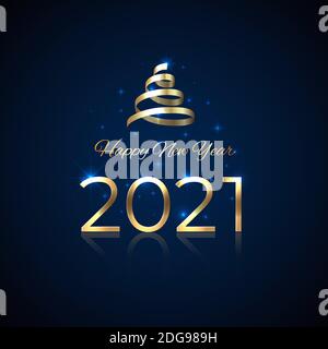 Nouvelle année 2021. Or brillant 2021 avec ruban sur fond bleu. Logo or brillant. Carte de vœux des fêtes. Décoration de fête. Nouvelle année de conception pour moi Illustration de Vecteur