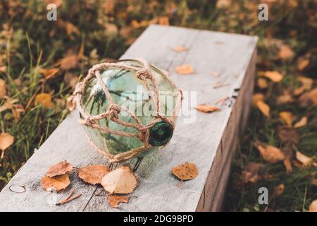 Grande sphère de verre transparent se trouve dans une planche de bois avec des feuilles pâles Banque D'Images