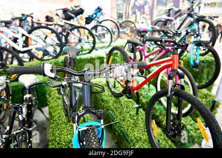 Vélos de montagne moderne rangée dans magasin de sport Banque D'Images