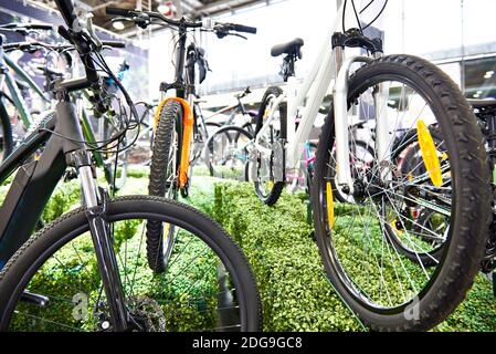 Vélos de montagne moderne dans magasin de sport Banque D'Images