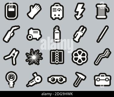 Icônes d'équipement de soudage et de soudage blanc sur l'ensemble d'autocollants noirs Grande Illustration de Vecteur